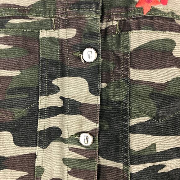 Pilcro Anthropology Green Orange Embroidered Flower Camo Denim Jean Jacket Coat - Picture 5 of 6